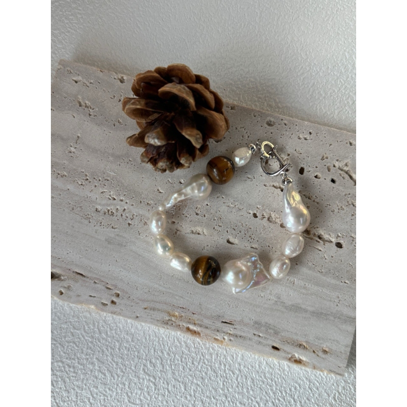 The "Organic Warmth" Gemstone Bracelet | Tiger's Eye & Pearl (Size S/M)